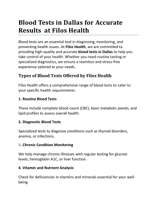 Blood Tests in Dallas for Accurate Results  at Filos Health