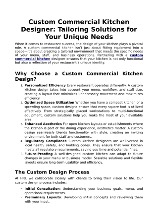 Custom Commercial Kitchen Designer: Tailoring Solutions for Your Unique Needs
