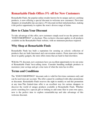 Remarkable Finds Offers 5% off for New Customers