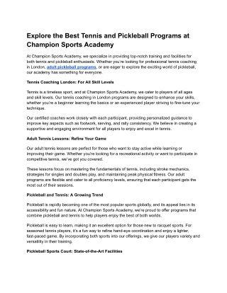 Explore the Best Tennis and Pickleball Programs at Champion Sports Academy