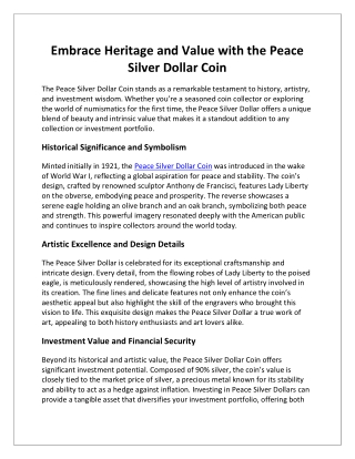 Embrace Heritage and Value with the Peace Silver Dollar Coin