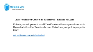 Asic Verification Courses In Hyderabad Takshila-vlsi.com
