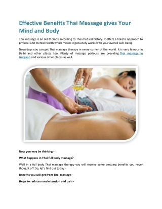 Effective Benefits Thai Massage gives Your Mind and Body