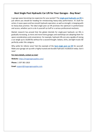 Best Single Post Hydraulic Car Lift for Your Garages - Buy Now!