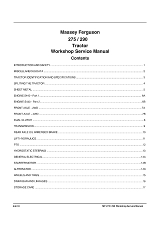 Massey Ferguson 275  290 Tractor Service Repair Manual Instant Download
