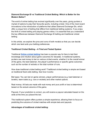 Diamond Exchange ID vs Traditional Cricket Betting_ Which is Better for the Modern Bettor