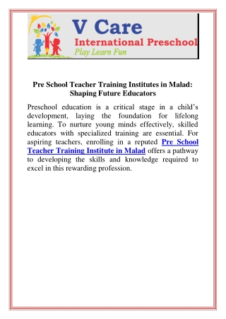 Pre School Teacher Training Institutes in Malad Shaping Future Educators