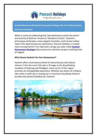 Kashmir Honeymoon Tour Package  6 Nights 7 Days