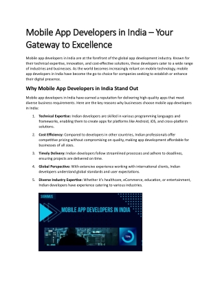 Mobile App Developers in India – Your Gateway to Excellence