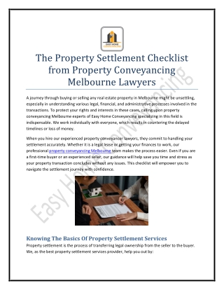 The Property Settlement Checklist From Property Conveyancing Melbourne Lawyers