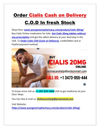 Order Cialis Cash on Delivery C.O.D In fresh Stock