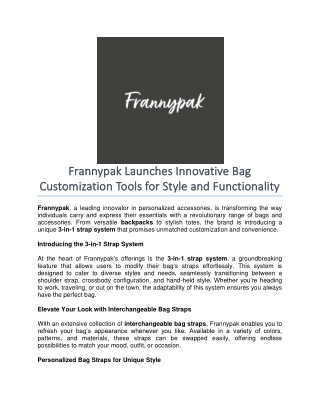 Frannypak Launches Innovative Bag Customization Tools for Style and Functionality