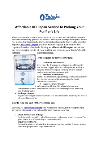 Affordable RO Repair Service to Prolong Your Purifier’s Life