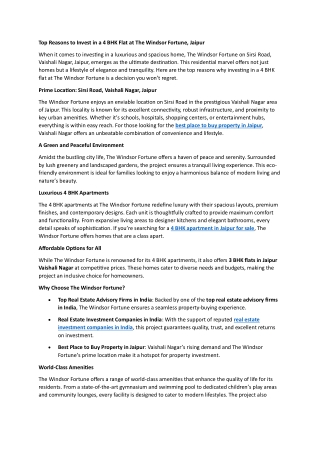 Top Reasons to Invest in a 4 BHK Flat at The Windsor Fortune