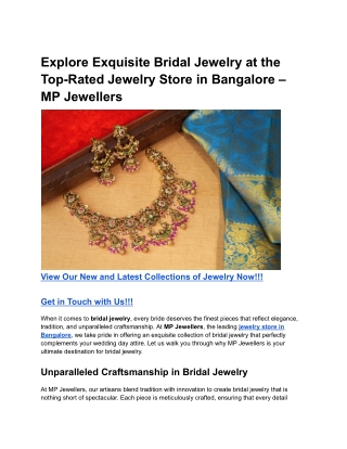 Explore Exquisite Bridal Jewelry at the Top-Rated Jewelry Store in Bangalore – MP Jewellers
