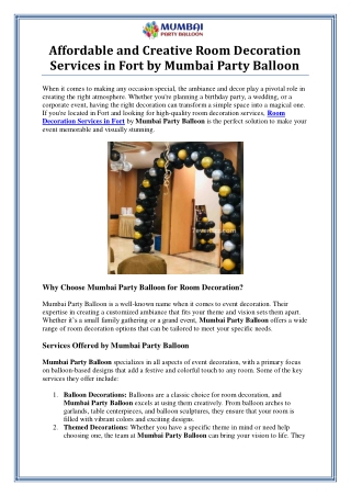 Room Decoration Services in Fort by Mumbai Party Balloon