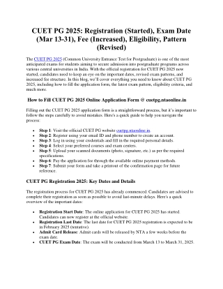 CUET PG 2025: Registration (Started), Exam Date (Mar 13-31), Fee (Increased), El