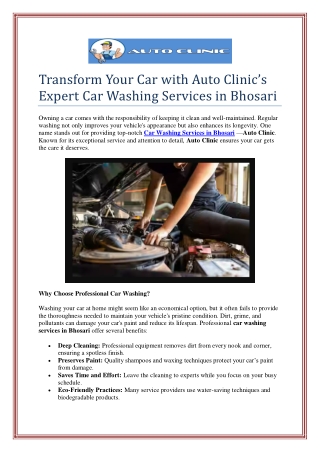 Transform Your Car with Auto Clinic’s Expert Car Washing Services in Bhosari