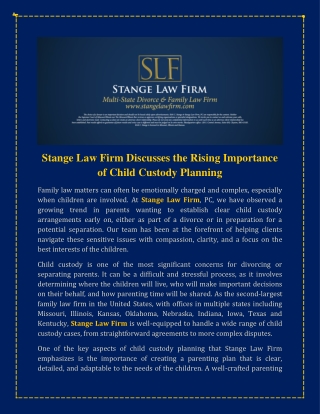 Stange Law Firm Discusses the Rising Importance of Child Custody Planning