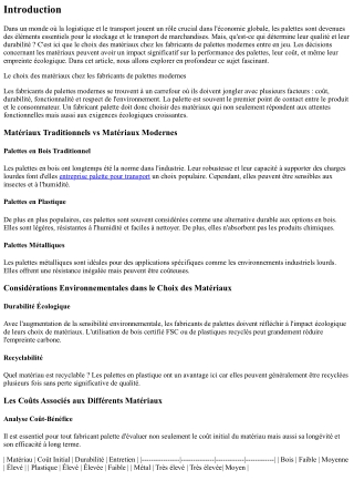 Le choix des matériaux chez les fabricants de palettes modernes