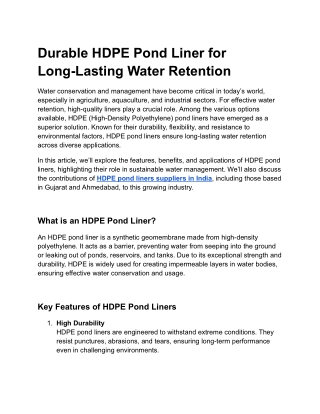 Durable HDPE Pond Liner for Long-Lasting Water Retention