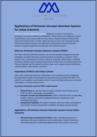 Applications of Perimeter Intrusion Detection Systems for Indian Industries