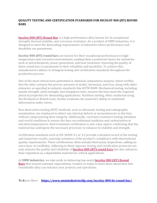 QUALITY TESTING AND CERTIFICATION STANDARDS FOR INCOLOY 800 (HT) ROUND BARS