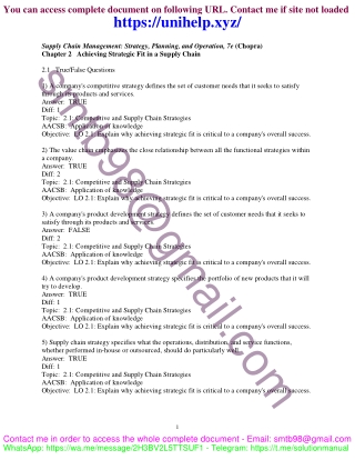 Test Bank for Supply Chain Management, Strategy, Planning, and Operation 7th Edi