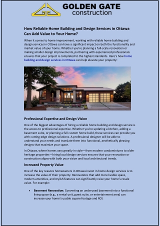 How Reliable Home Building and Design Services in Ottawa Can Add Value?