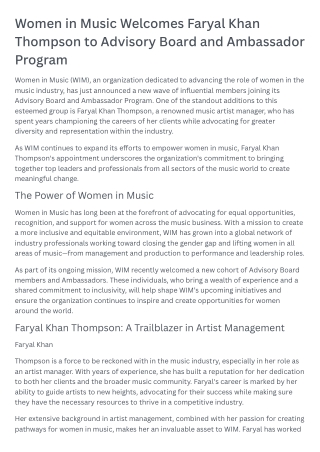 Women in Music Welcomes Faryal Khan Thompson to Advisory Board and Ambassador Program