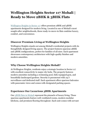 Wellington Heights Sector 117 Mohali | Ready to Move 2BHK & 3BHK Flats