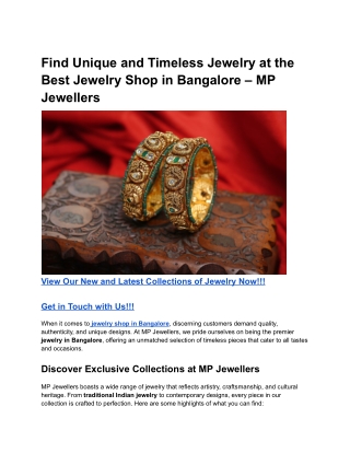 Find Unique and Timeless Jewelry at the Best Jewelry Shop in Bangalore – MP Jewellers