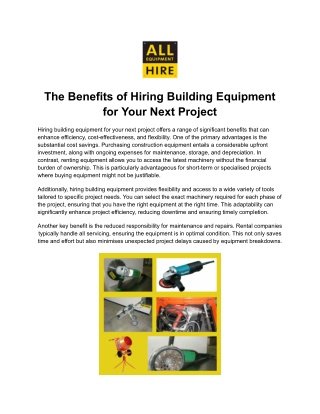 The Benefits of Hiring Building Equipment for Your Next Project