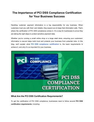 The Importance of PCI DSS Compliance Certification for Your Business Success