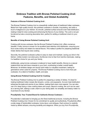 Embrace Tradition with Bronze Polished Cooking Uruli_ Features, Benefits, and Global Availability