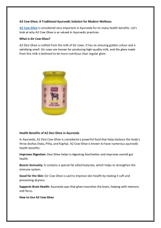 A2 Cow Ghee: A Traditional Ayurvedic Solution for Modern Wellness