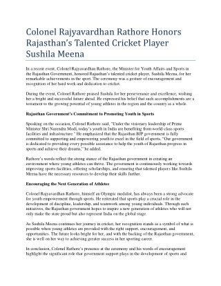 Colonel Rajyavardhan Rathore Honors Rajasthan’s Talented Cricket Player Sushila Meena