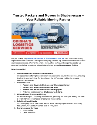Trusted Packers and Movers in Bhubaneswar – Your Reliable Moving Partner