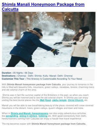 Shimla Manali Honeymoon Package from Calcutta