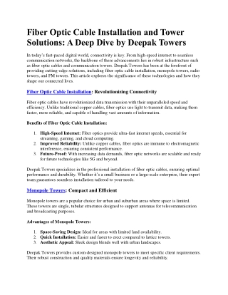 Fiber Optic Cable Installation and Tower Solutions