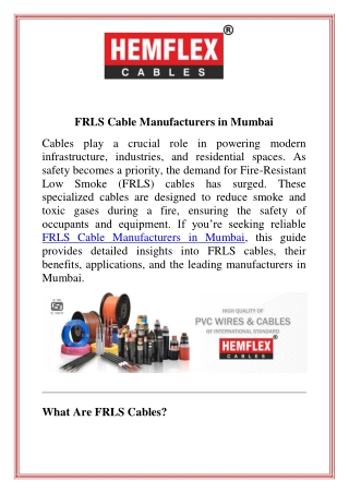 FRLS Cable Manufacturers in Mumbai