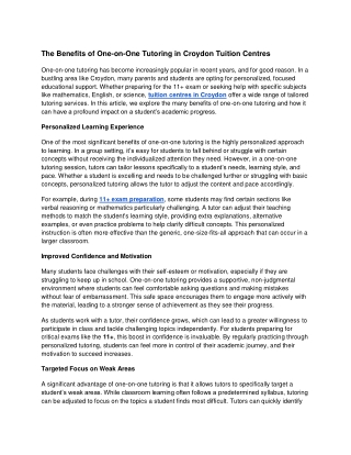 The Benefits of One-on-One Tutoring in Croydon Tuition Centres