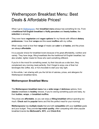 Wetherspoon Breakfast Menu