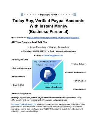 Today Buy, Verified Paypal Accounts With Instant Money (Business-Personal)