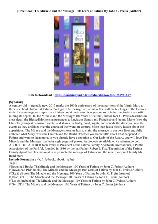 [Kindle Book] The Miracle and the Message: 100 Years of Fatima By John C. Preiss