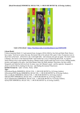 [Kindle Book] IMMORTAL HULK VOL. 1: OR IS HE BOTH? By Al Ewing (Author),