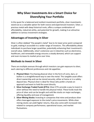 Why Silver Investments Are a Smart Choice for Diversifying Your Portfolio