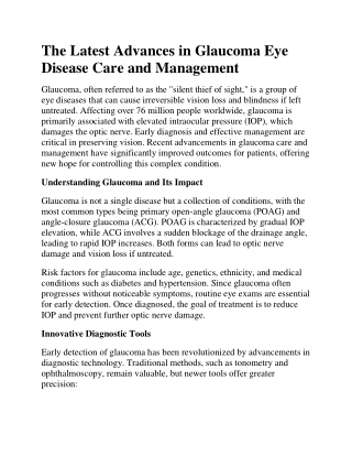 The Latest Advances in Glaucoma Eye Disease Care and Management