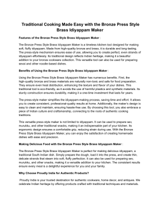 Traditional Cooking Made Easy with the Bronze Press Style Brass Idiyappam Maker