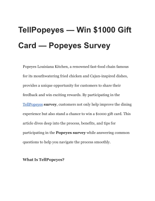 TellPopeyes - www.tellpopeyes.com - Win $1000 Gift Card